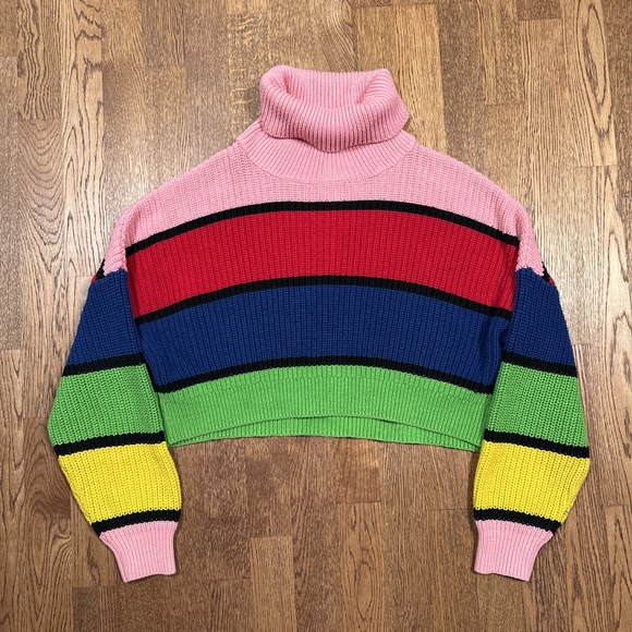 Lazy Oaf Bright Striped Turtleneck Rainbow Cropped Cotton Sweater Womens Small - Picture 1 of 7